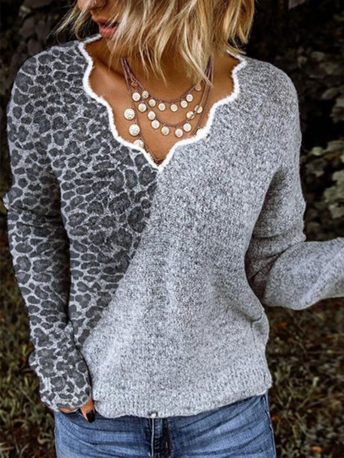 Gray Long Sleeve Cotton-Blend Ruffled Sweater