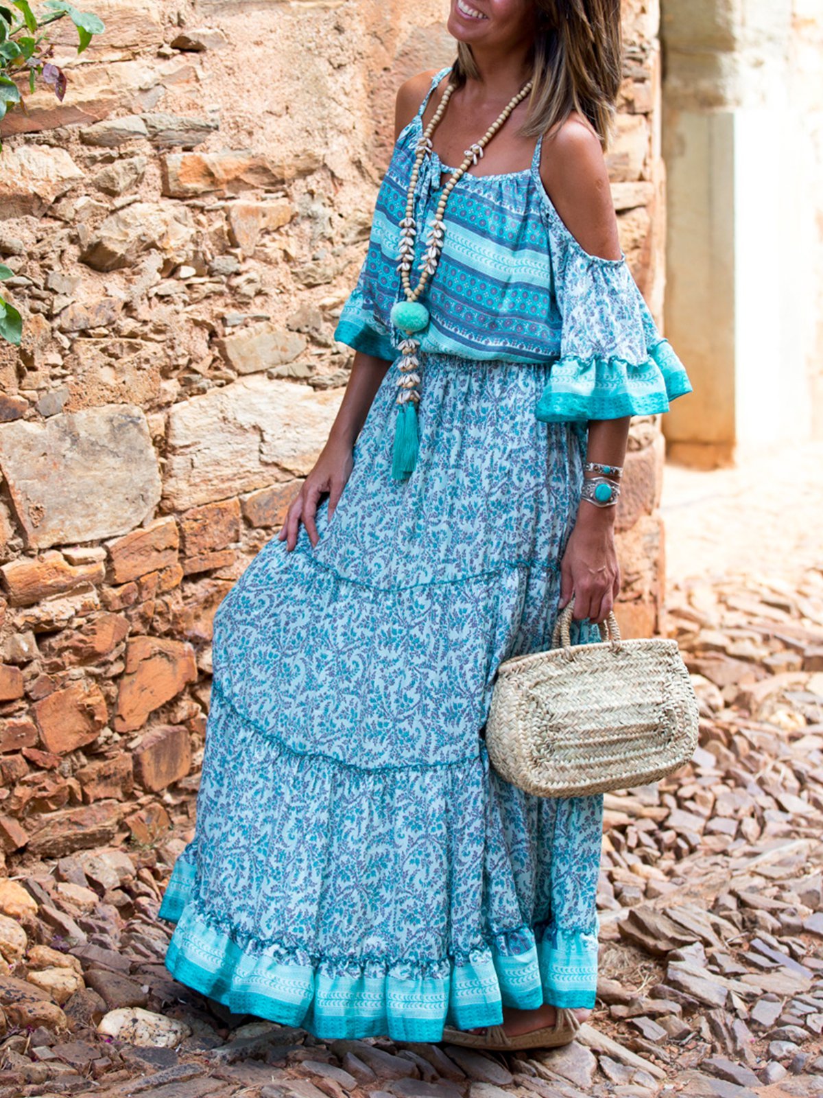 Sweet Swing Short Sleeve Off Shoulder Maxi Dresses