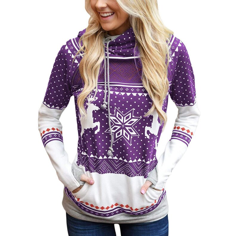 Women Christmas Zippered Printed Pocket Hooded Girl Snowflake long sleeve Sweatshirt