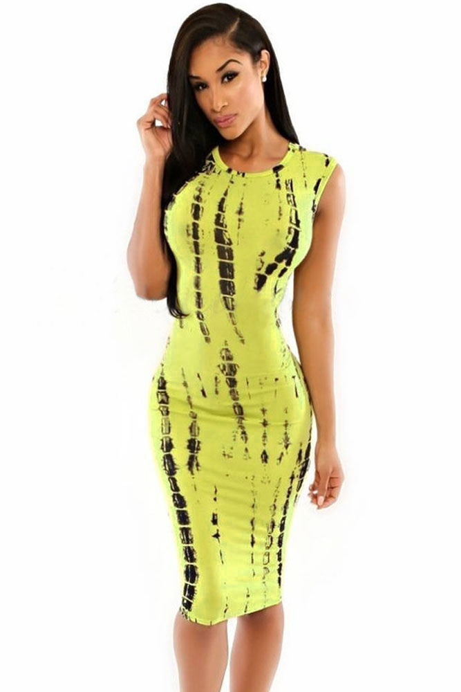 Yellow Tie Dye Print Back Cutout Midi Dress
