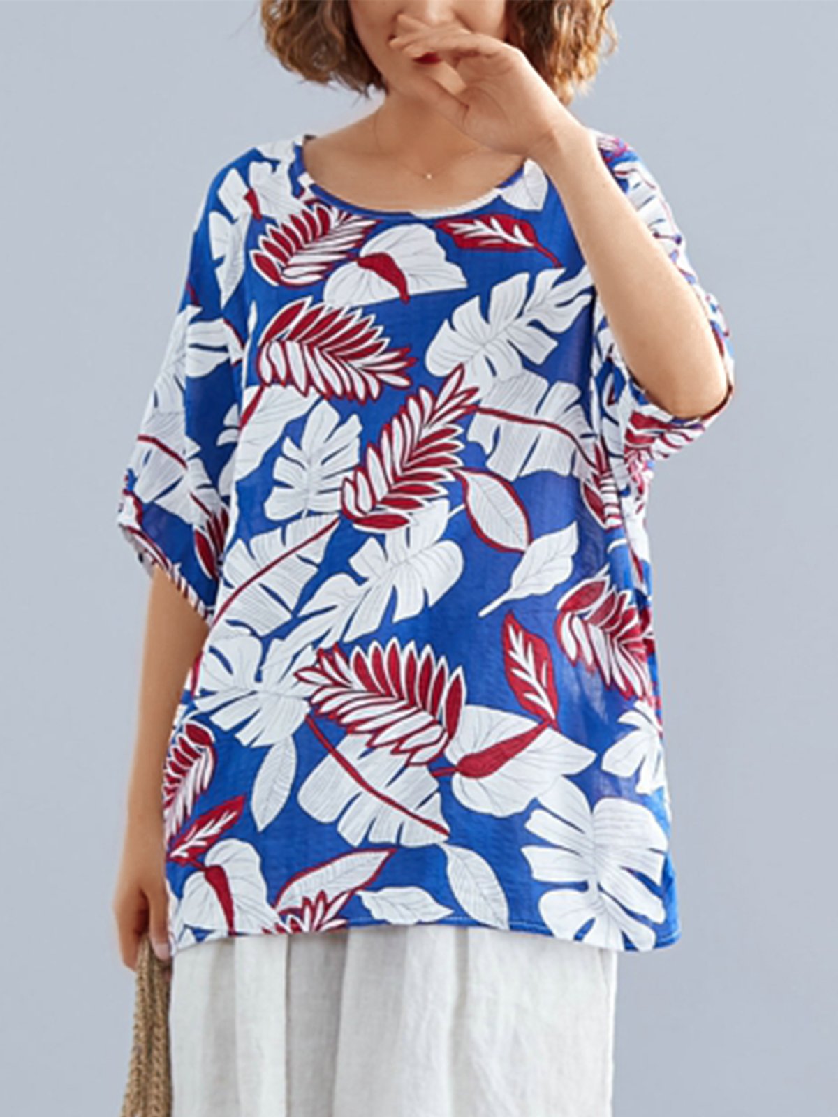 Plus Size Women Short Sleeve Round Neck Vintage Leaf Floral Casual Tops