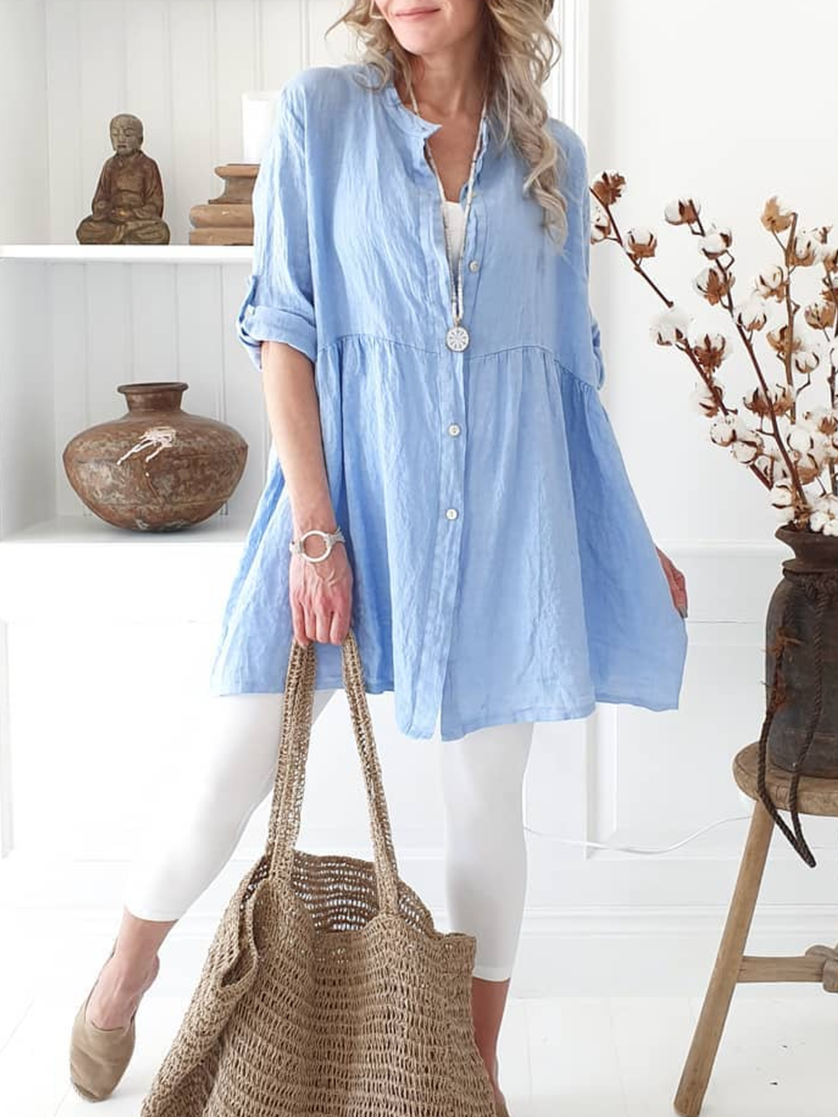 Cotton-Blend Long Sleeve Solid V Neck Shirts & Tops