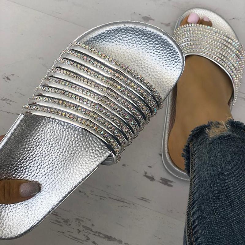 Women PU Slippers Casual Rhinestone Shoes