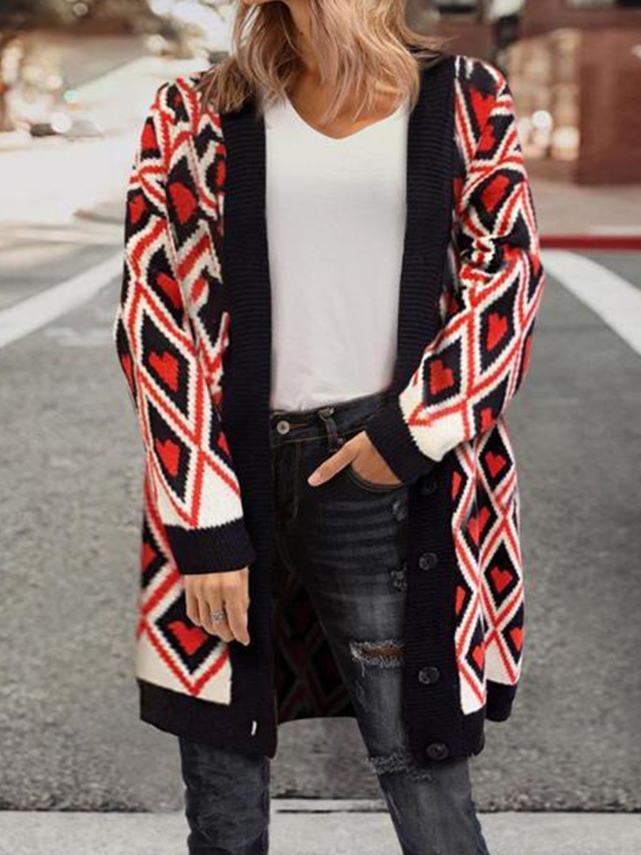 Loose Love Pattern V-Neck Knit Cardigan