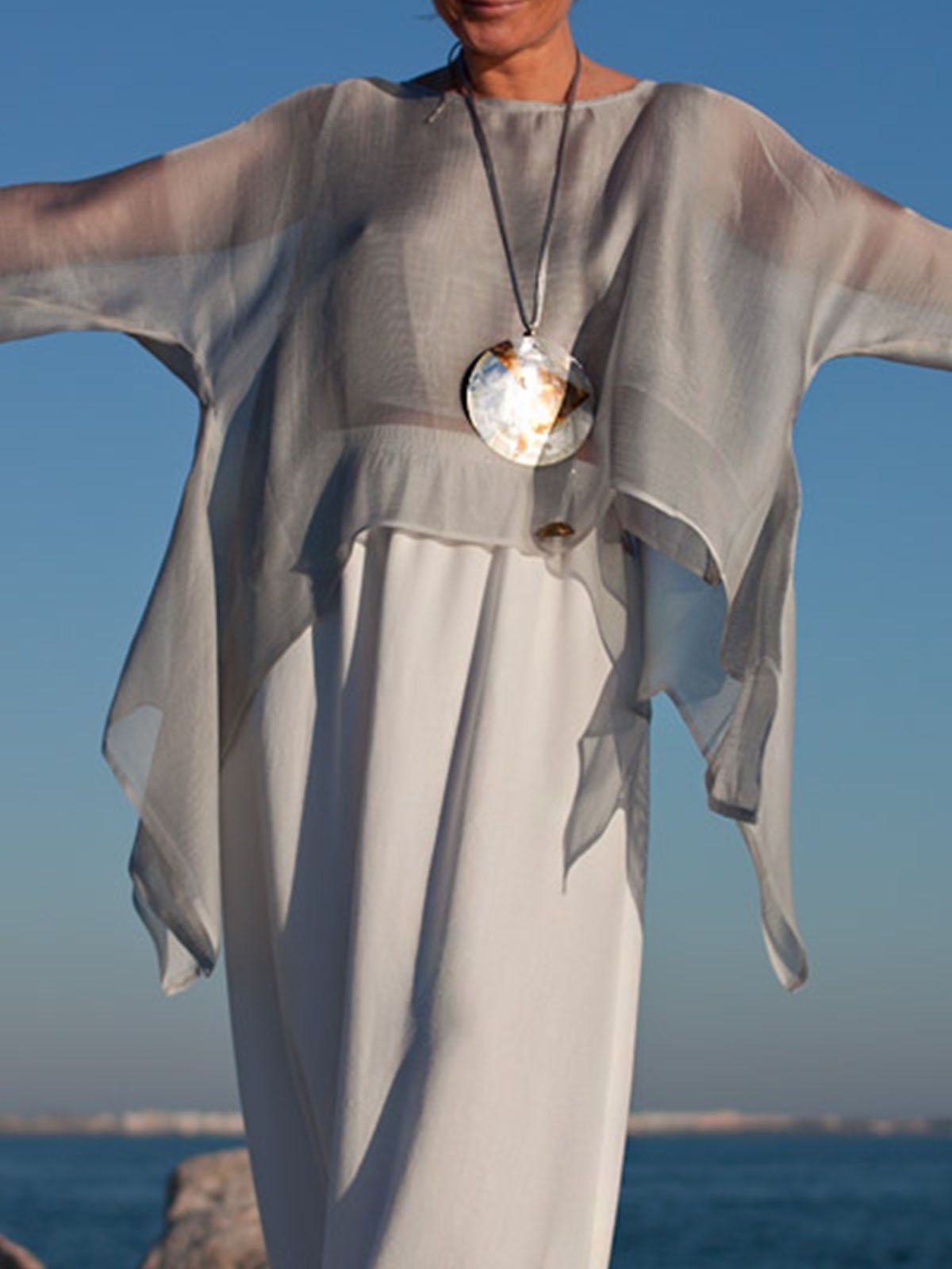 Silk-Chiffon 3/4 Sleeve A-Line Shirts & Tops