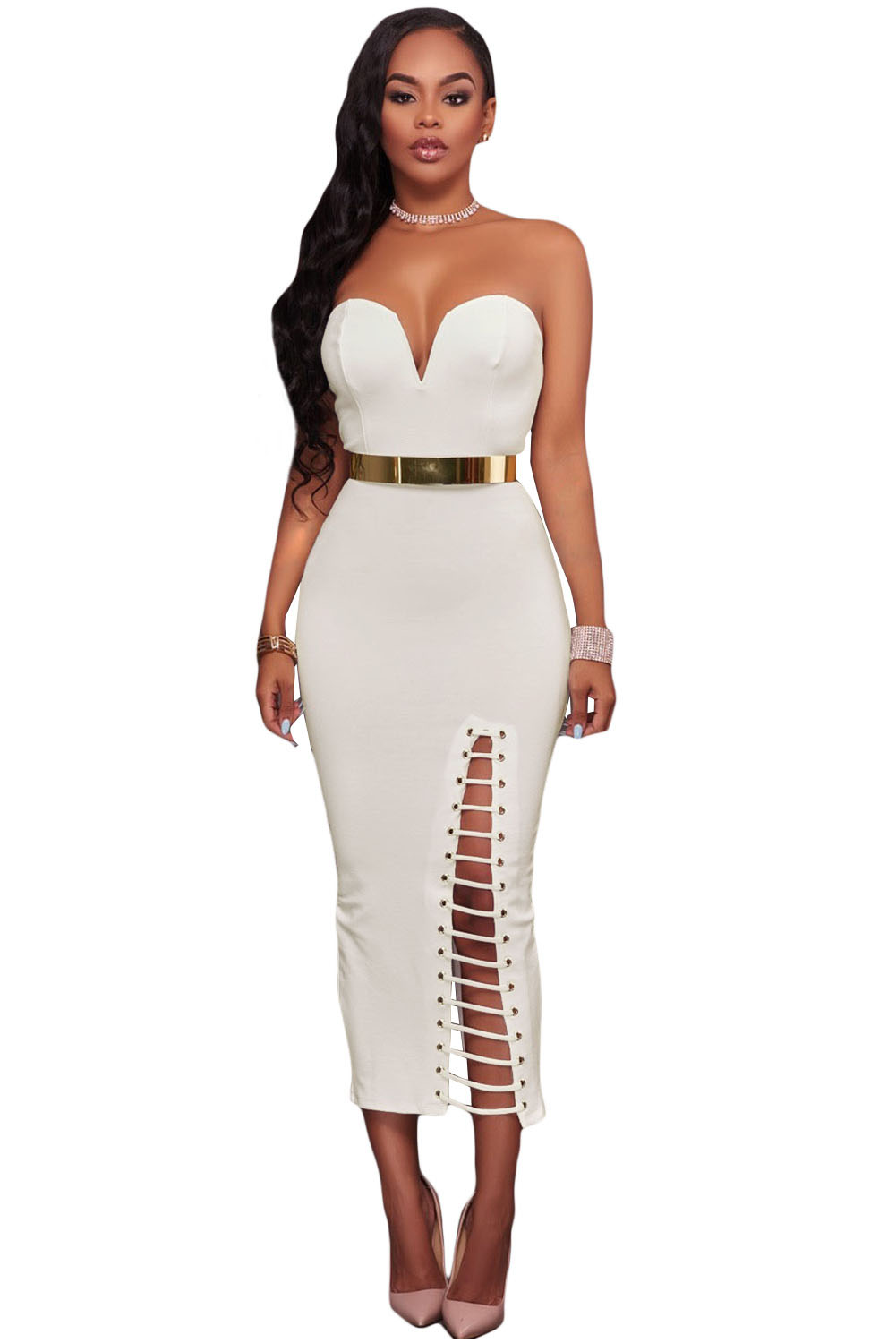 White Sexy Strapless V-neck Side Slits Tube Midi Dress
