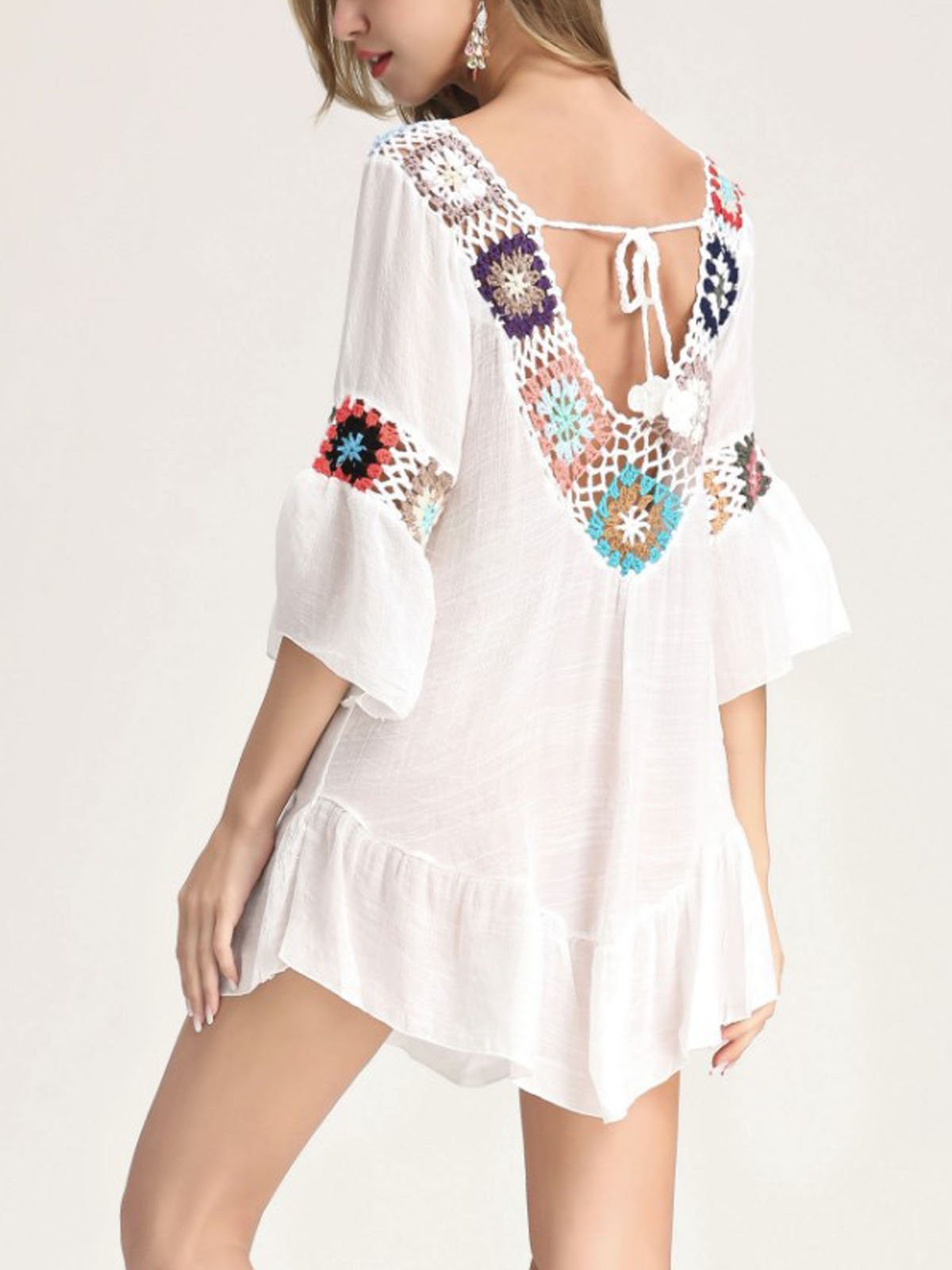 White Long Sleeve V Neck Cotton Dresses