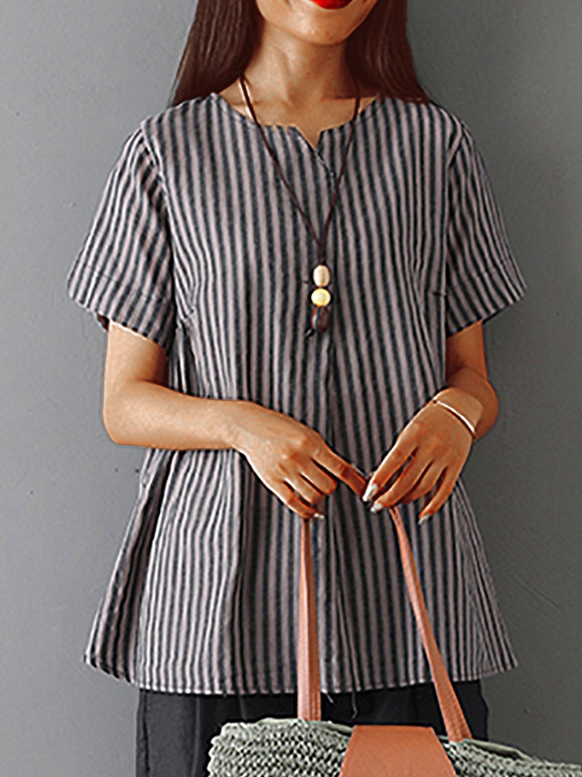 Plus  Size  Women  V-neck Short Sleeve  Striped Linen Loose Casual Top