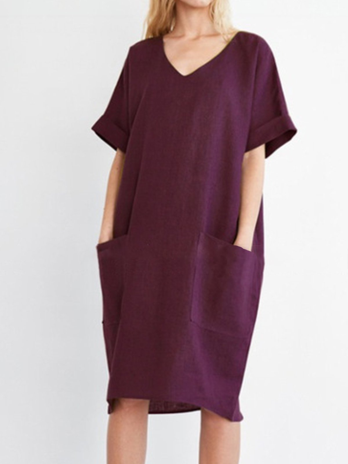 V neck Women Summer Dress Shift Daily Pockets Solid Dress