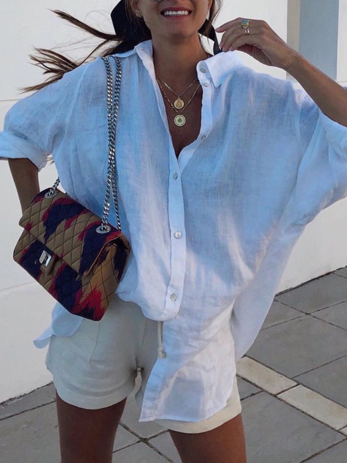 Solid Buttoned Casual V Neck Shirts & Tops