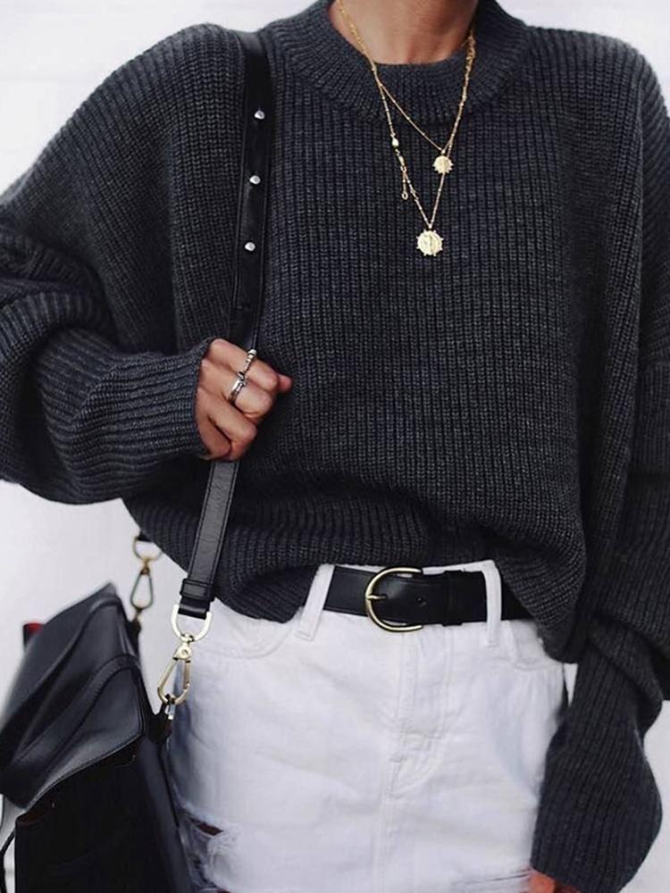 Casual Black Long Batwing Sleeves Round Neck Sweater