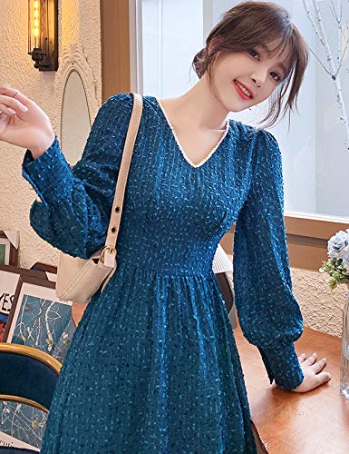 女士 可爱 优雅 V领 修身 长袖 长款 优雅 连衣裙 YM166