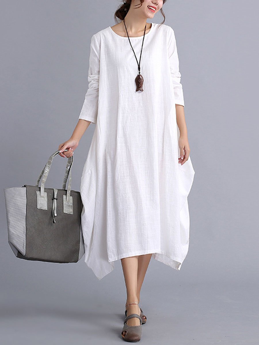 Oversized Round Neck Pocket  Plain Shift Plus Size Dress