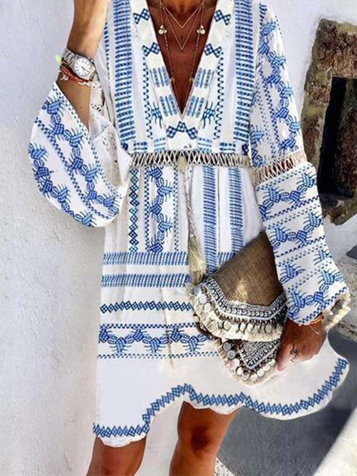 Blue Long Sleeve Printed Dresses