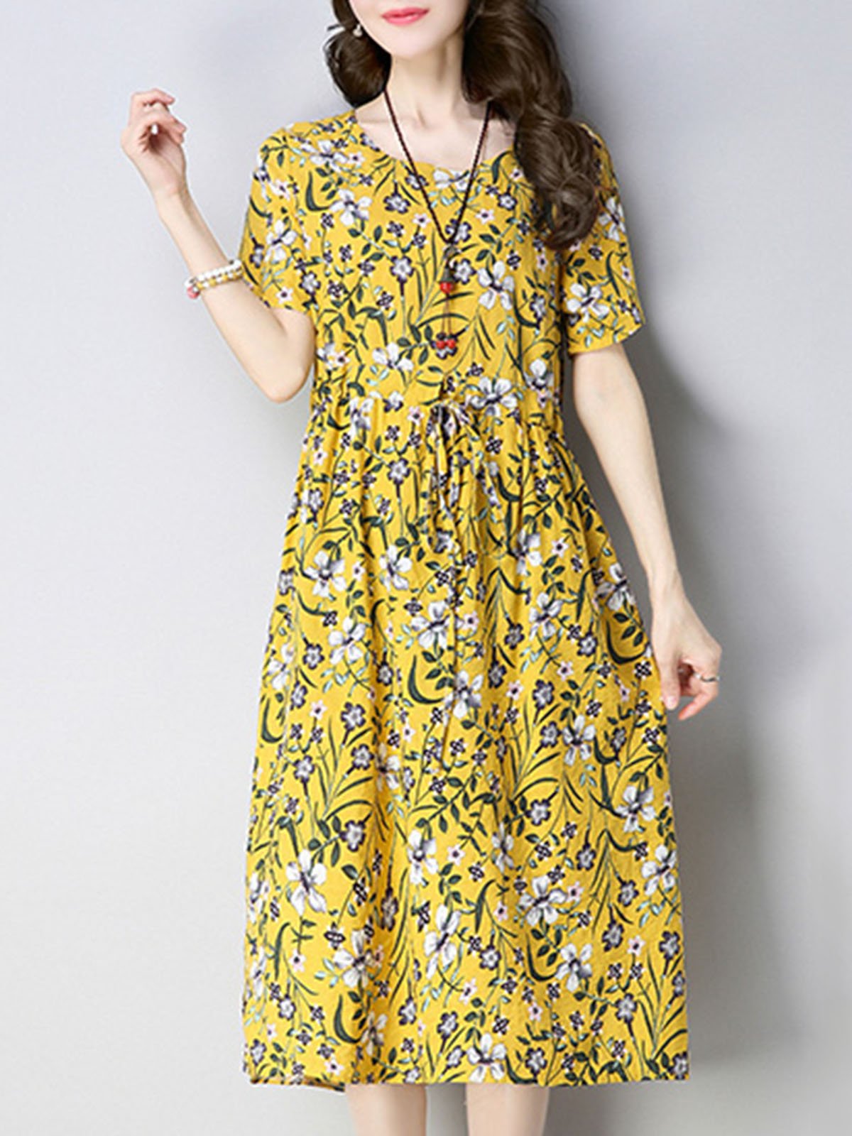 Floral Print Crew Neck Women A-Line Dresses