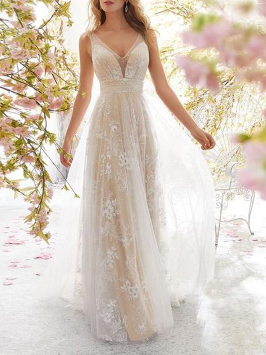 Sexy V Collar Lace Floral Embroidery Maxi Dress Eveing Dresses