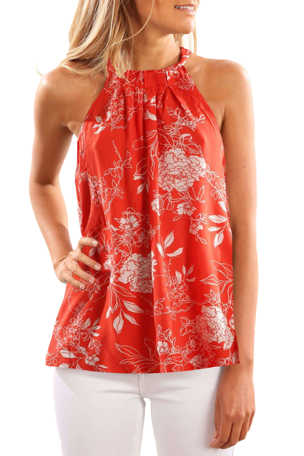 Orange Sleeveless Flower Printed Tank Top