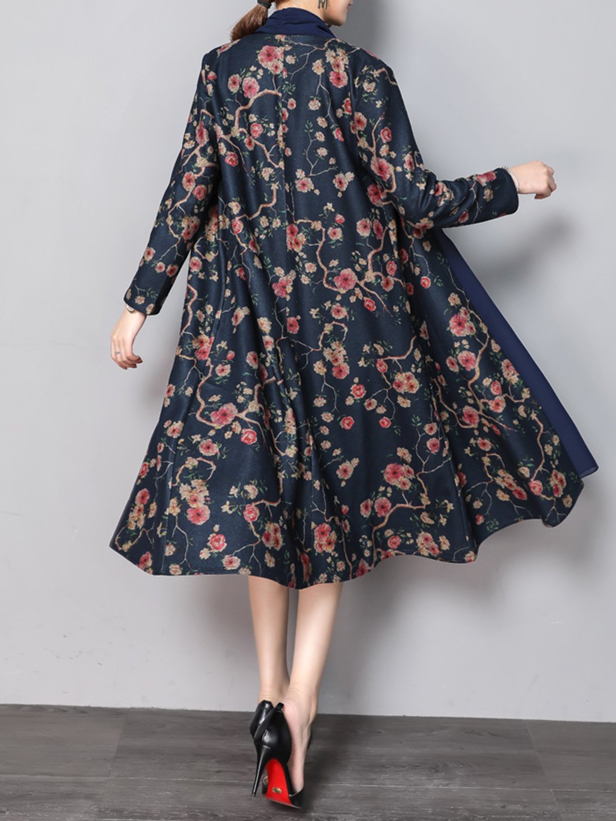 Floral Printed Paneled Wool Blend Coat