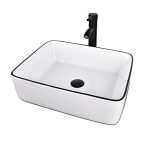 White Ceramic Bathroom Sink, Above Counter Porcelain Vessel Sink with Black Faucet and Pop up drain Combo, Rectangle