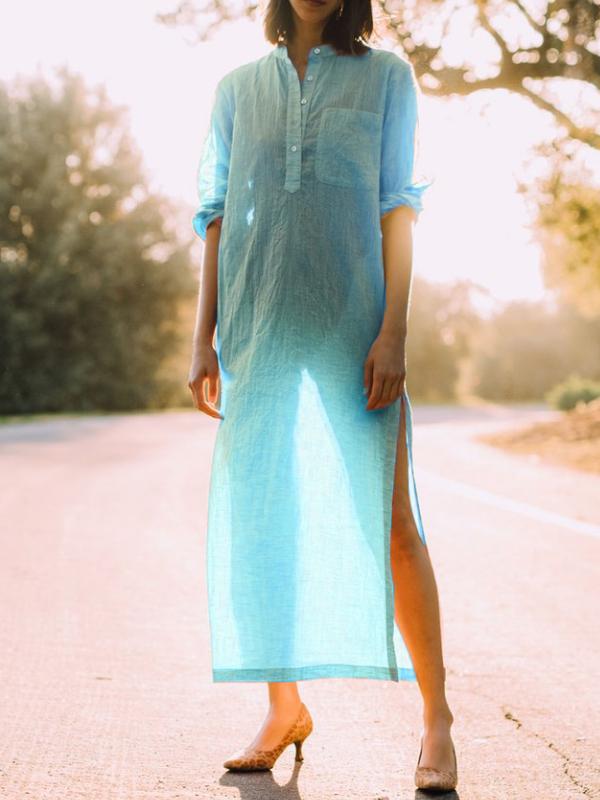 Buttoned Casual V Neck Long Sleeve Dresses