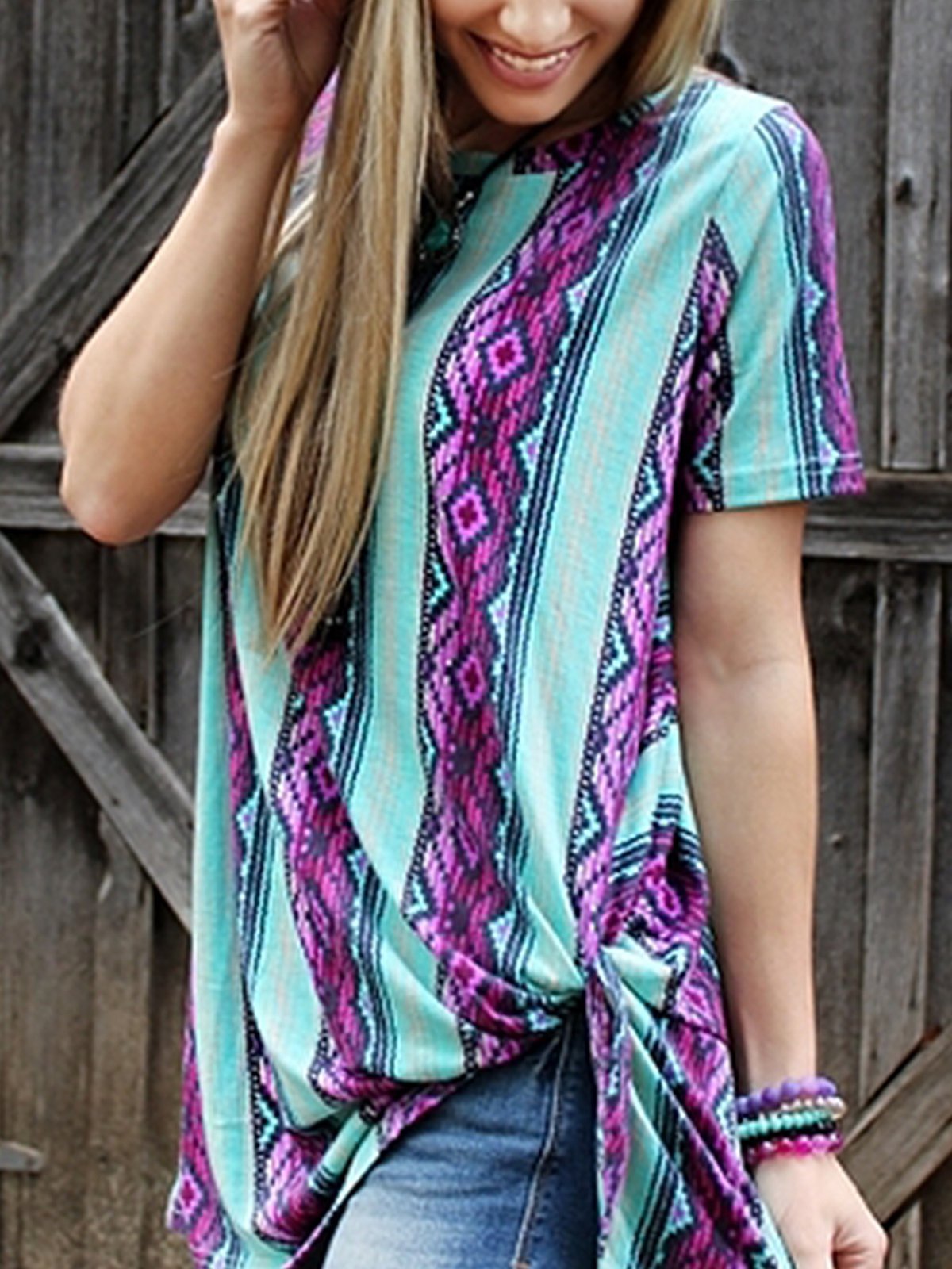 Geometric Printed Crew Neck Short Sleeve Shirts & Tops