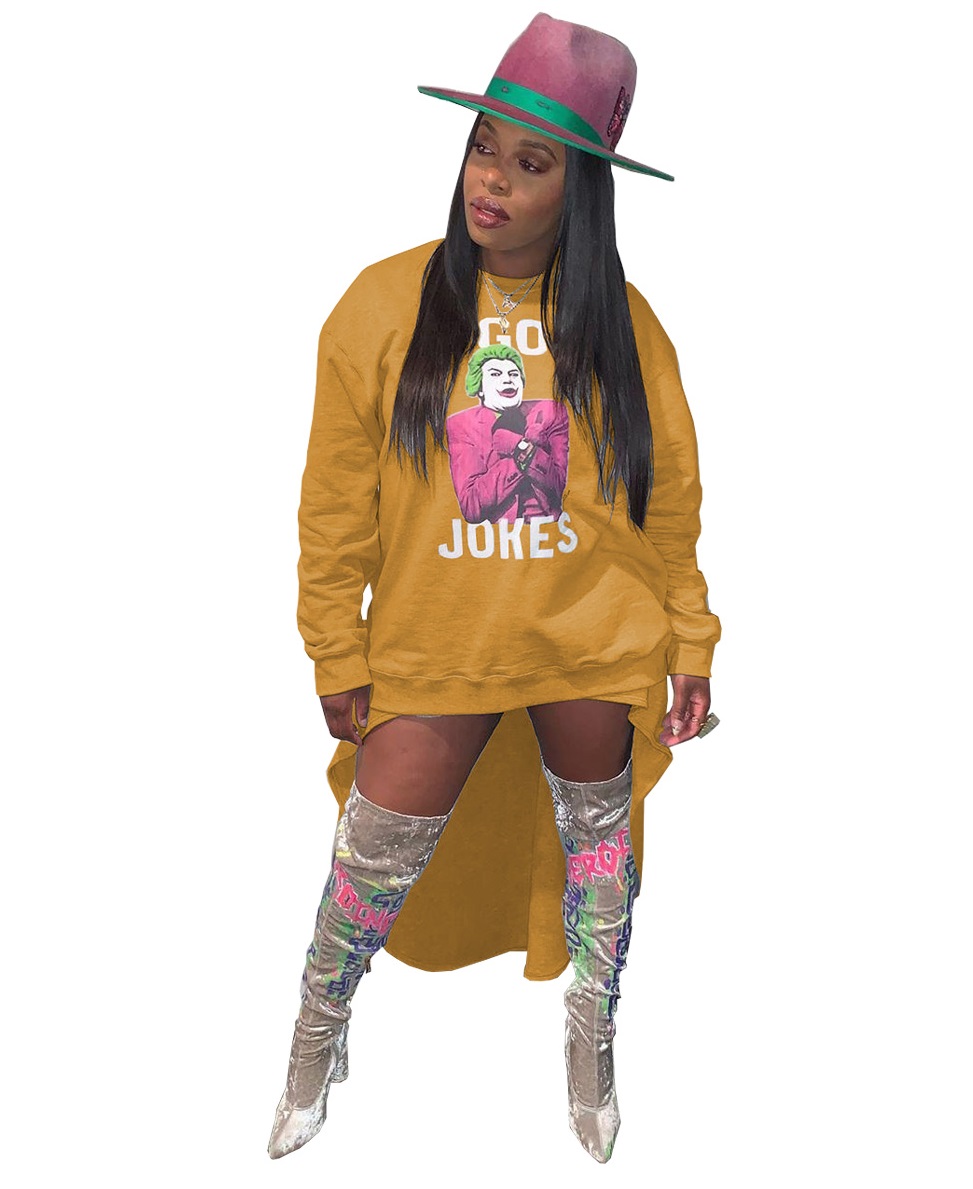 Autumn Character Print Round Neck High Low Shirt Dress