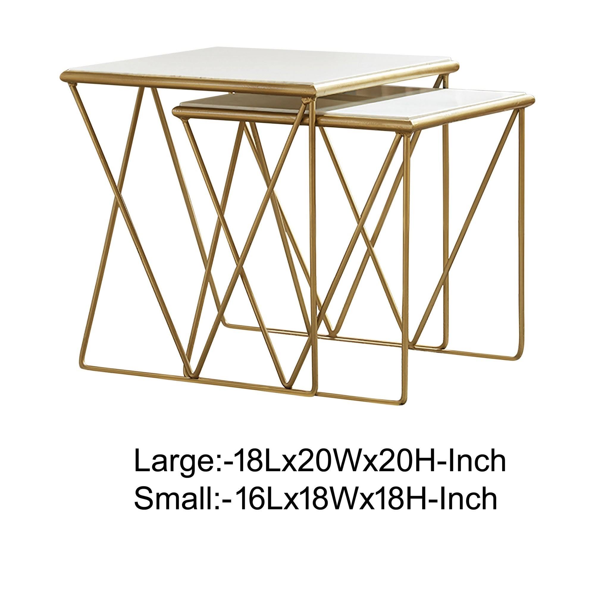2 Piece Marble Top Nesting Table with Geometric Base, White and Gold