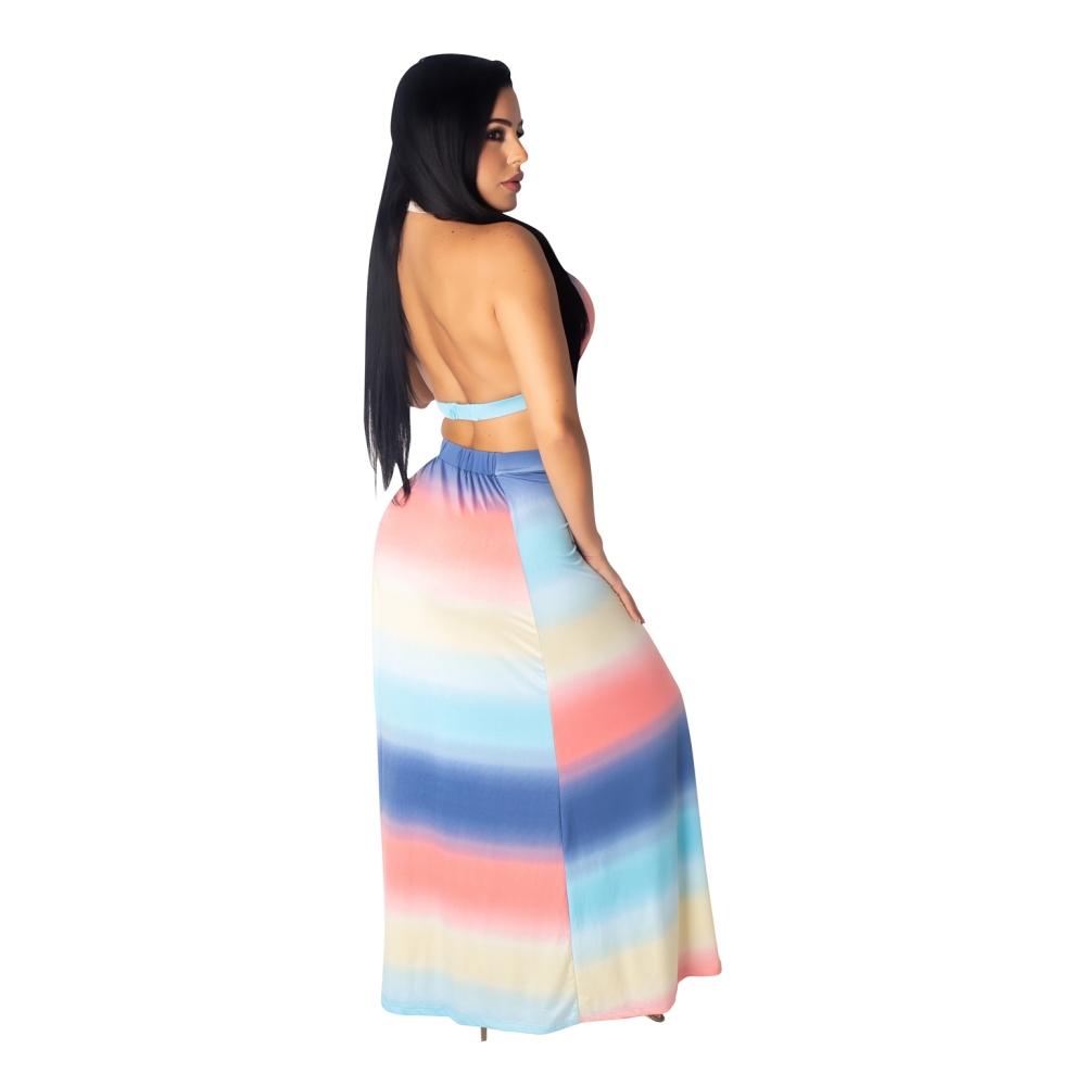 Summer Sexy Colorful Halter Crop Top and Slit Long Skirt