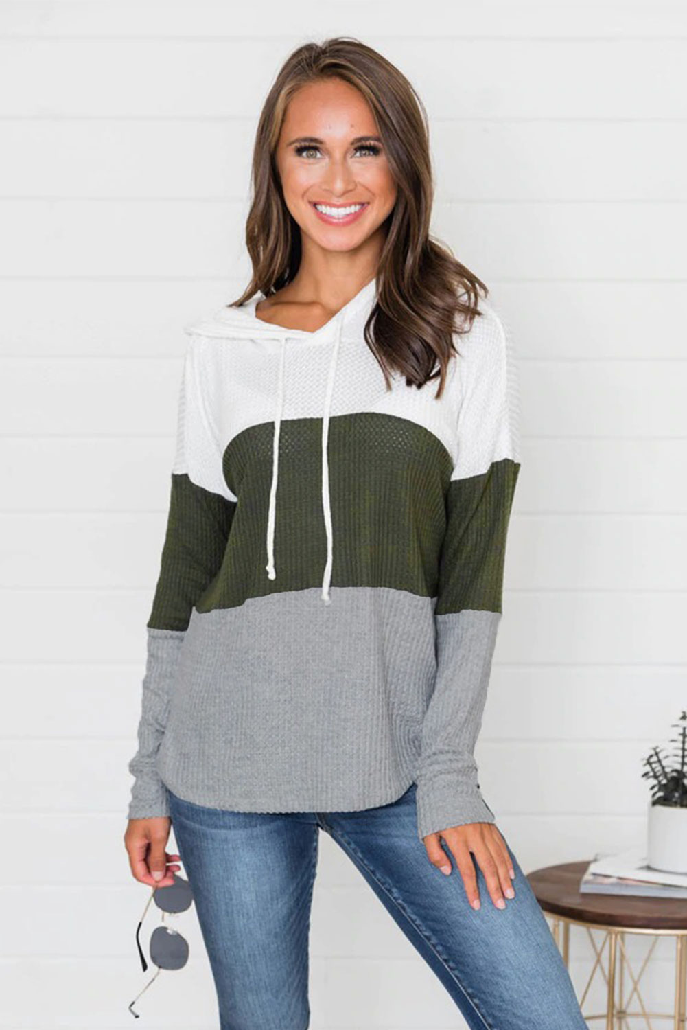 Green Color Block Drawstring Thumbhole Hoodie