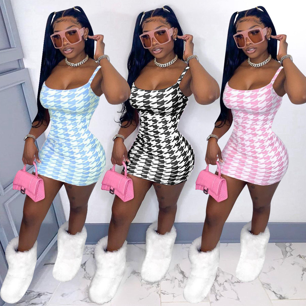 Fashion Trend Houndstooth Sling Dress YZL845