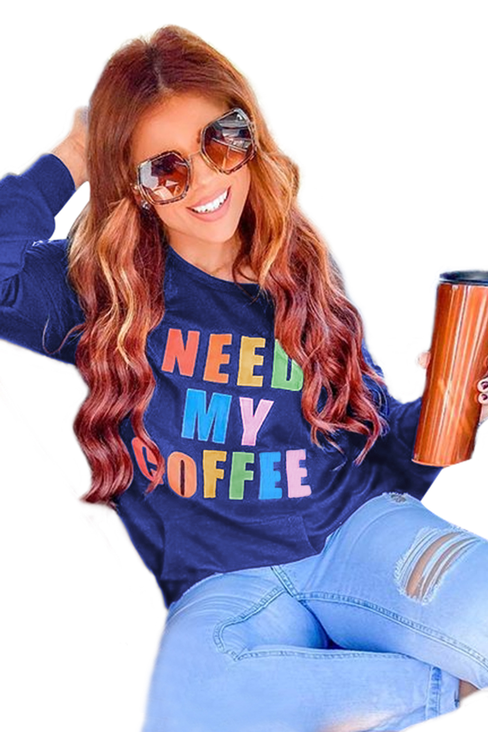 休闲圆领长袖字母大口袋深蓝色套头卫衣