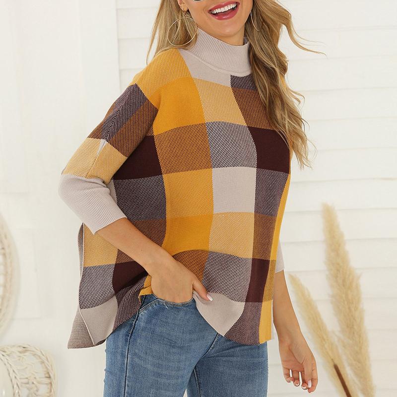 European And American Style High Collar Bracelet Sleeve Splicing Plaid Sweater