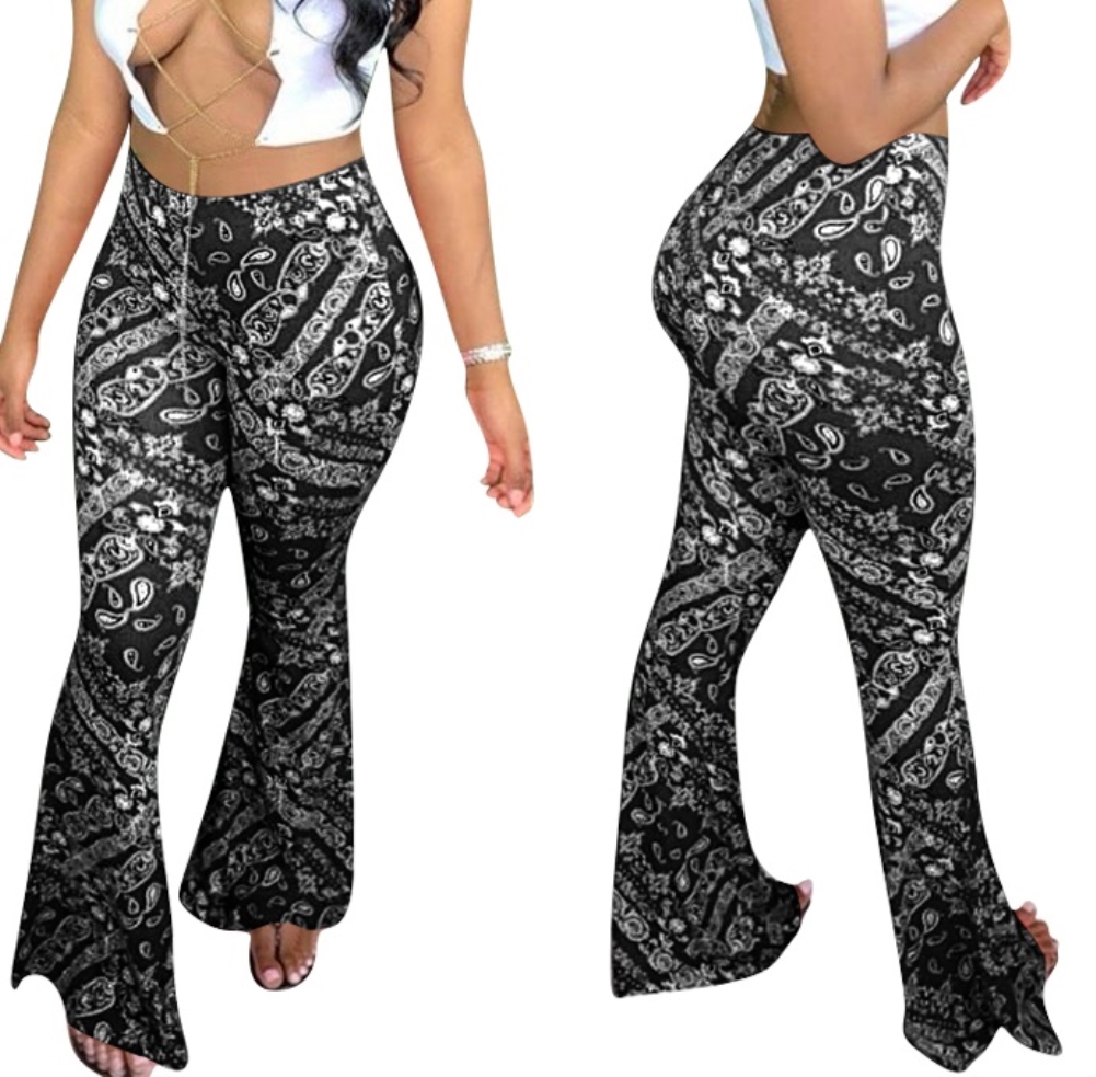 African Black High Waist Print Flare Trousers