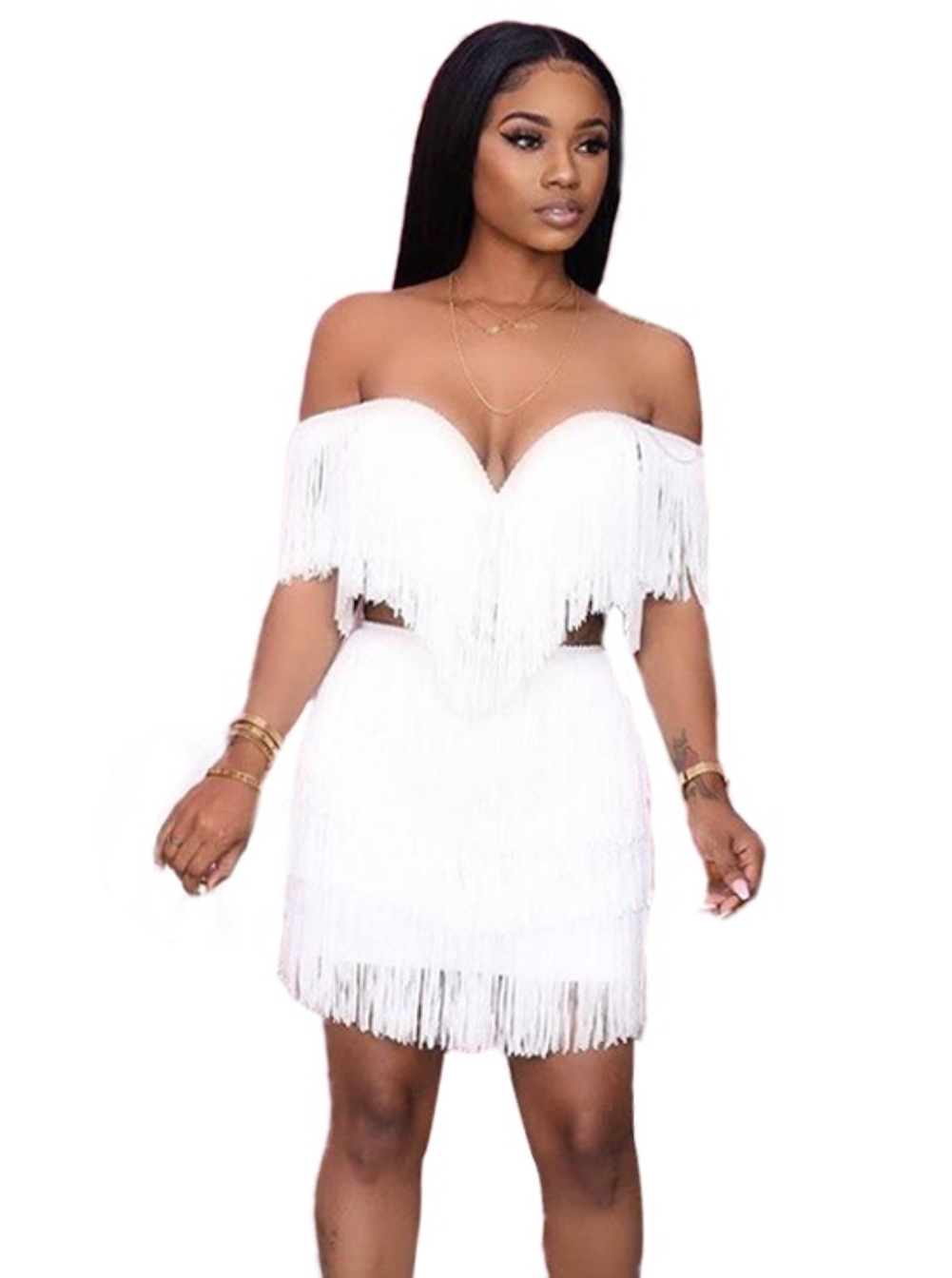 Two Piece White Tassels Party Skirt Set