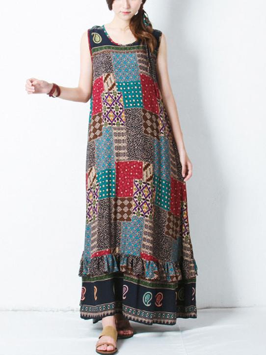Women Bohemian Printed Sleeveless Maxi Dresses