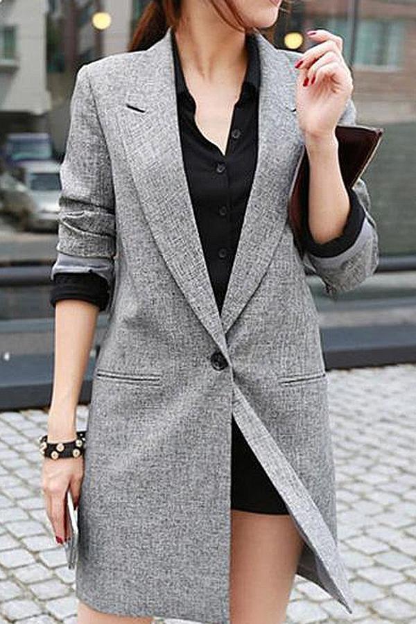 Notch Lapel  Single Button  Plain  Long Sleeve Blazers