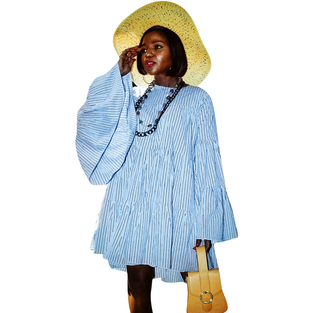 A-Line Blue Stripes Shirt Dress with Wide Sleeves