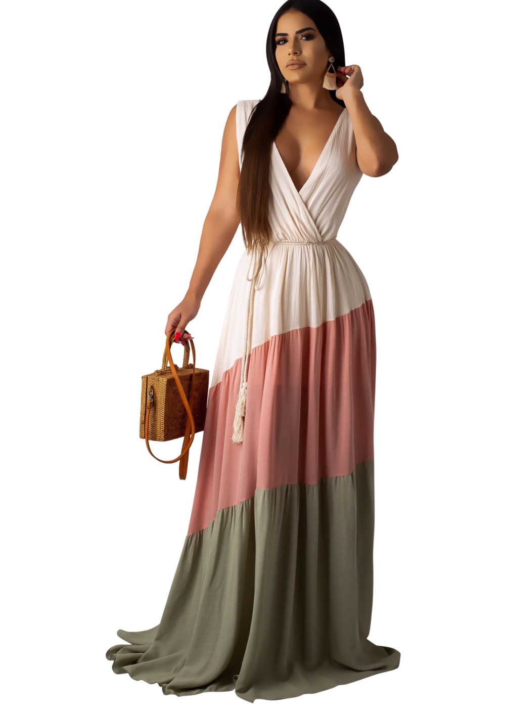Summer Contrast Sleeveless V-Neck Maxi Dress