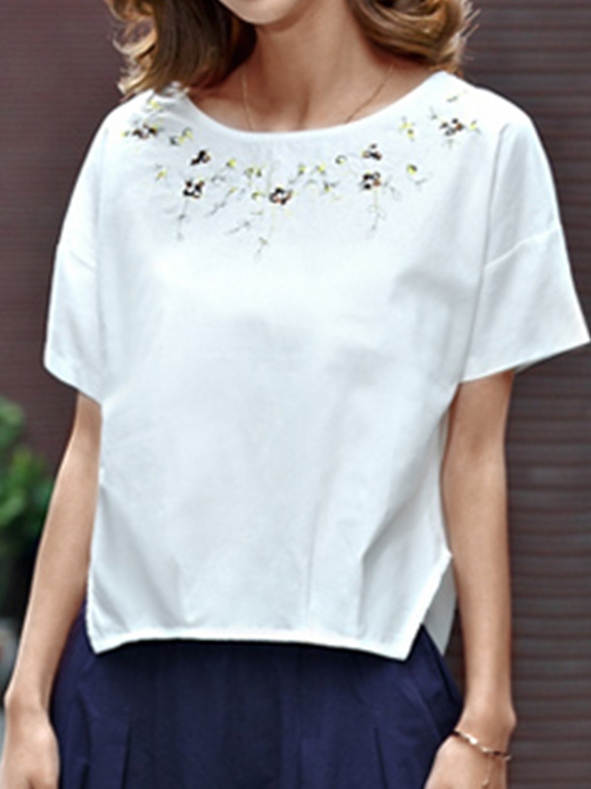 Plus Size Women Short Sleeve Round Neck Vintage Floral Casual Tops