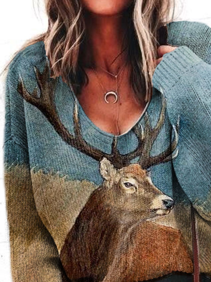 V Neck Long Sleeve Casual Animal Shirts & Tops
