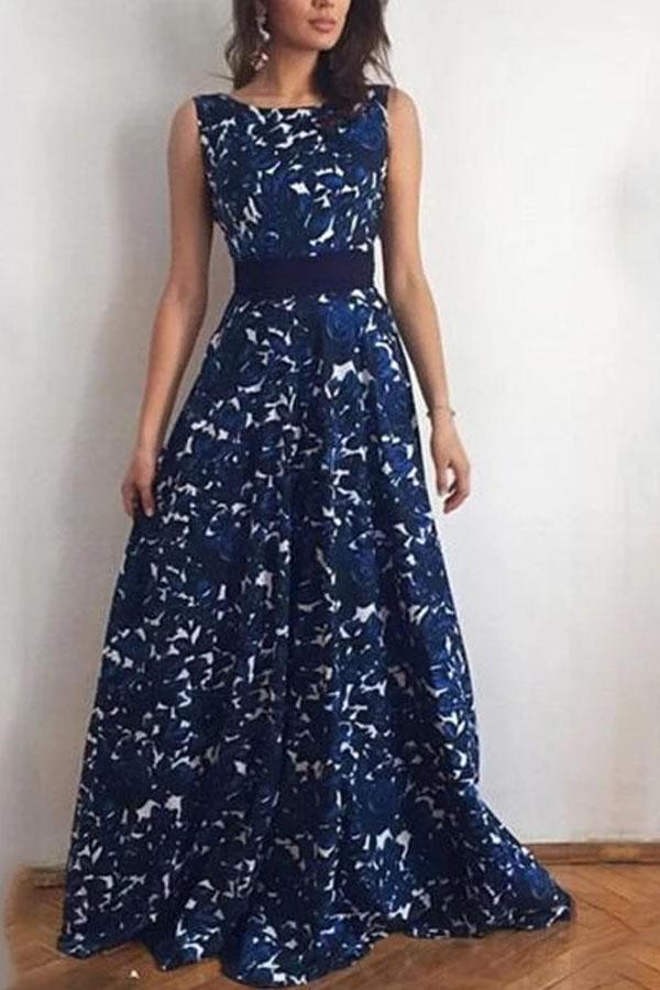 Print Halter Evening Dress With Belt