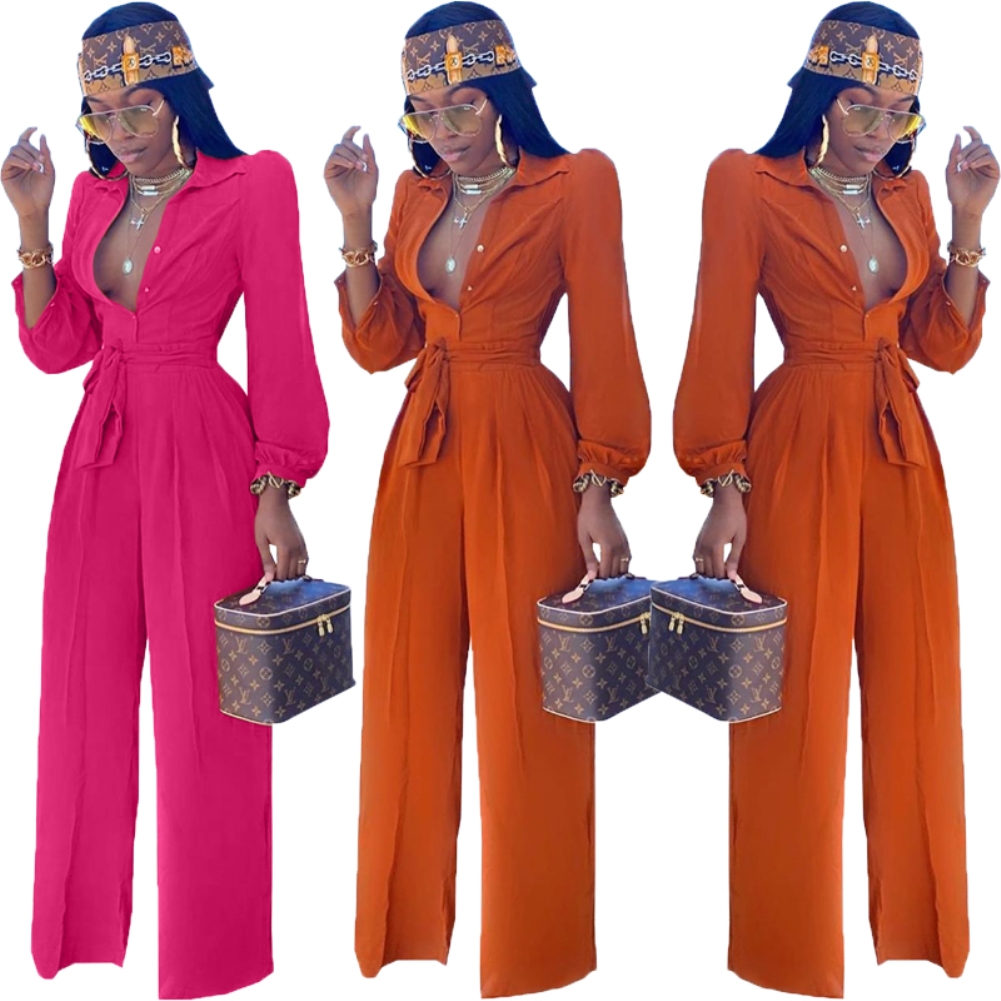 Solid Color Elegant Long Sleeve Jumpsuit with Belt