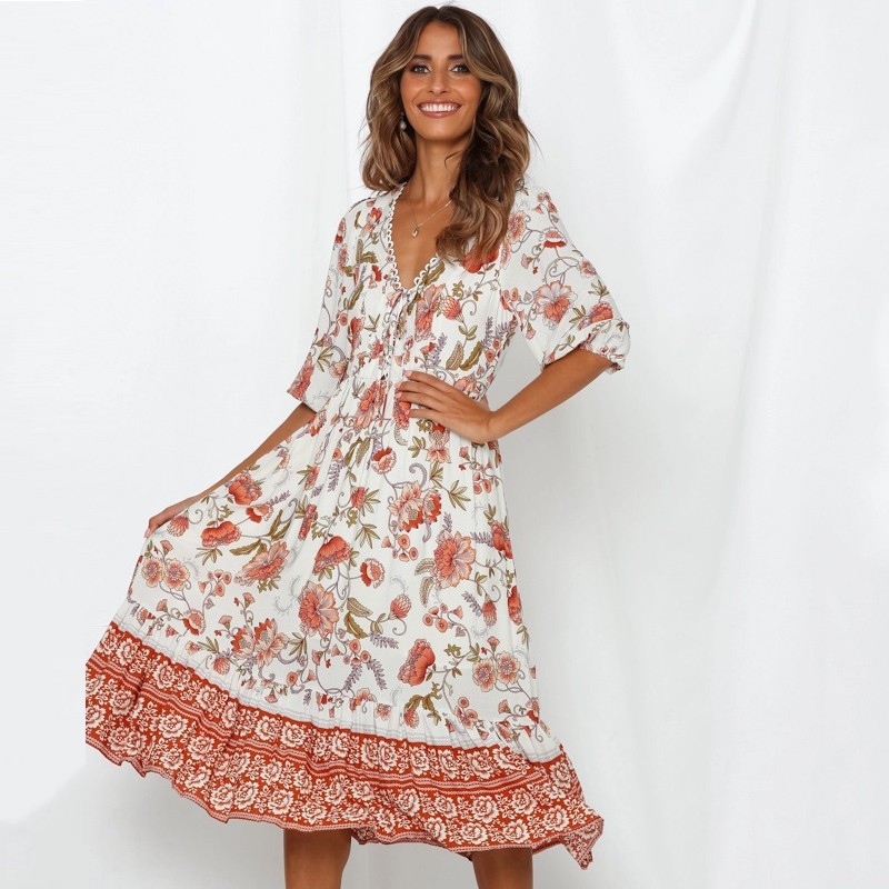 BEFORW Women Summer Boho Dress Sexy V-Neck Half Sleeve Print Long Dress 2019 Ladies Casual Vacation Beach Dresses Vestidos