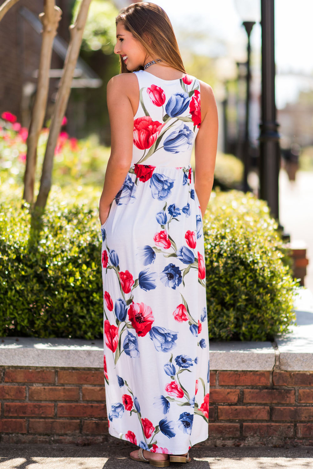White Blossom Print Sleeveless Long Boho Dress