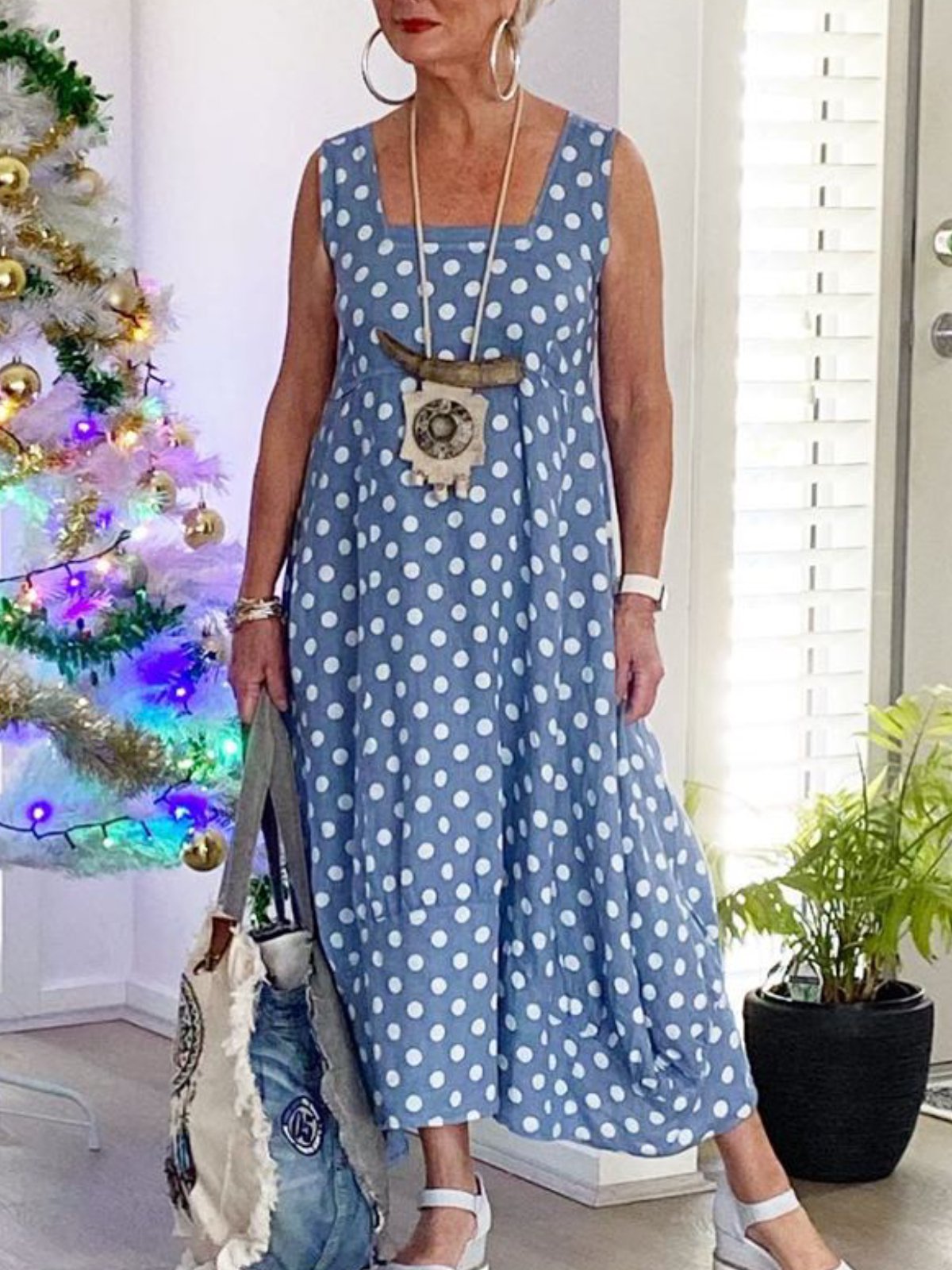 Blue Square Neck Pockets Sleeveless Dresses