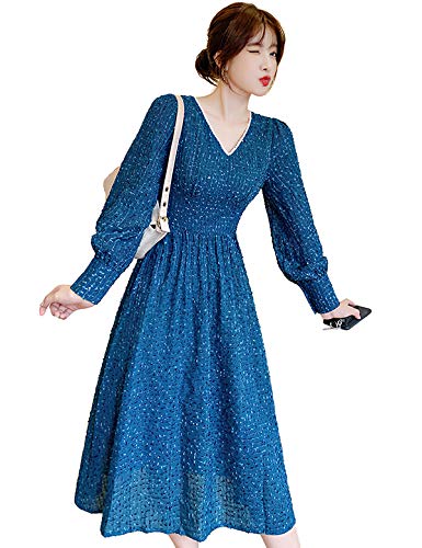 女士 可爱 优雅 V领 修身 长袖 长款 优雅 连衣裙 YM166