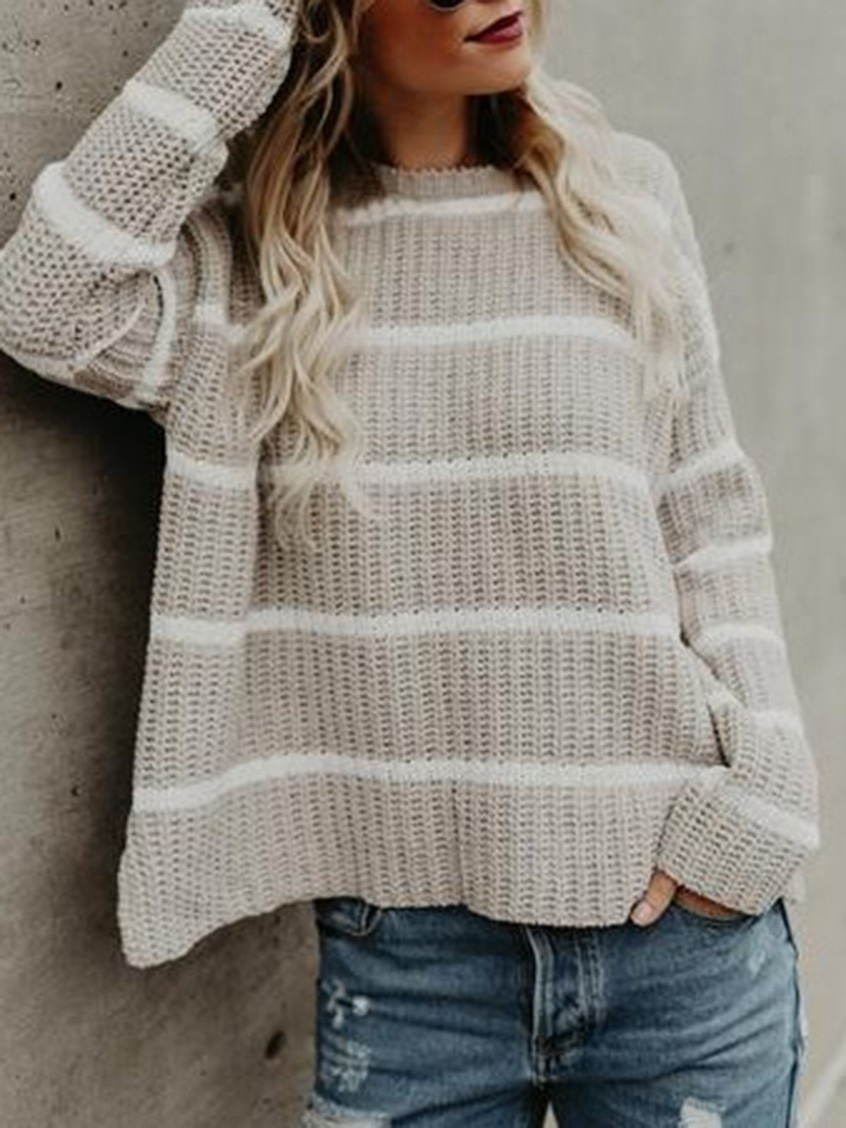 Stripe Knitted Striped Long Sleeve Crew Neck Sweaters