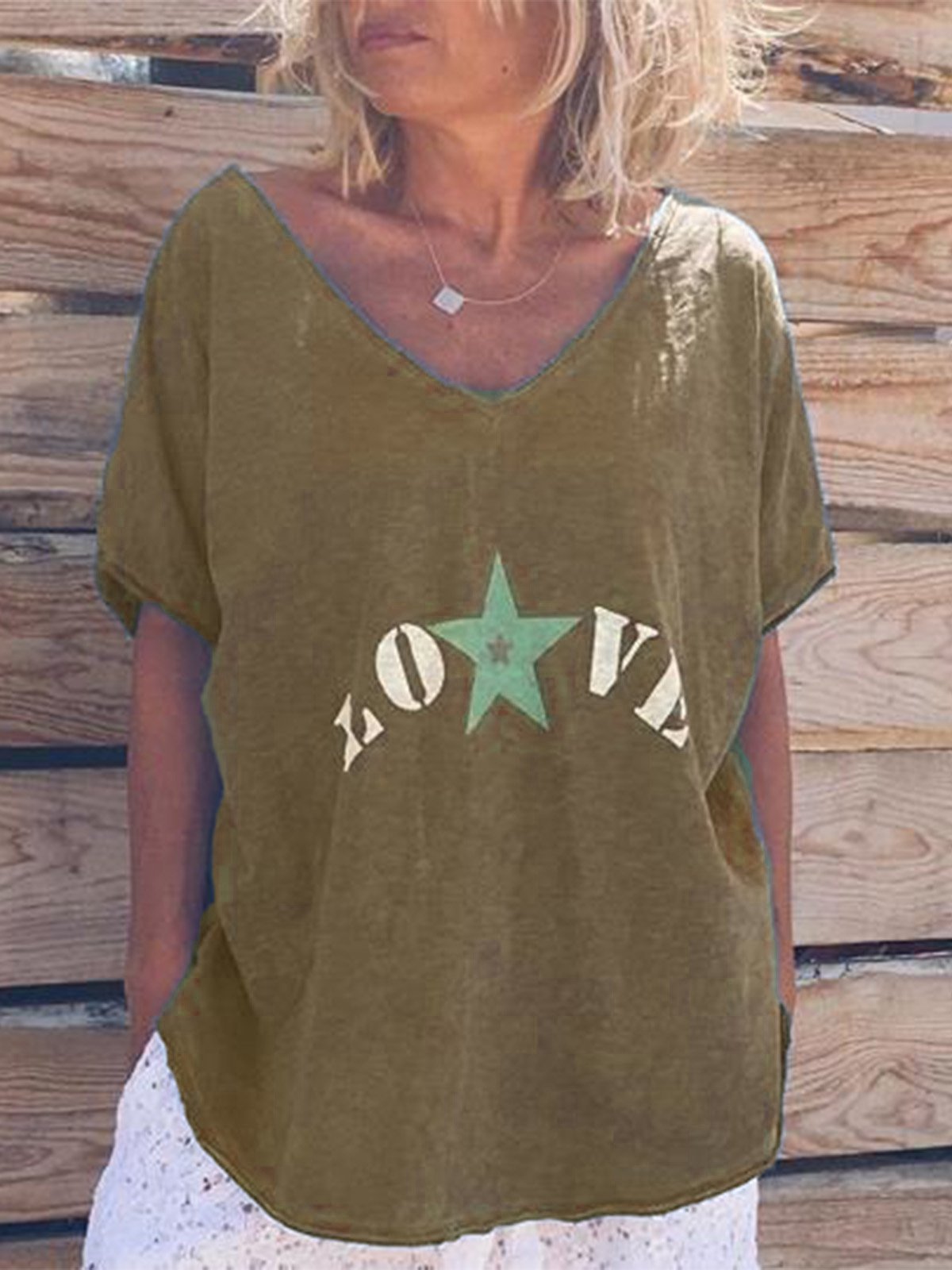 Casual V Neck Short Sleeve Letter Shirts