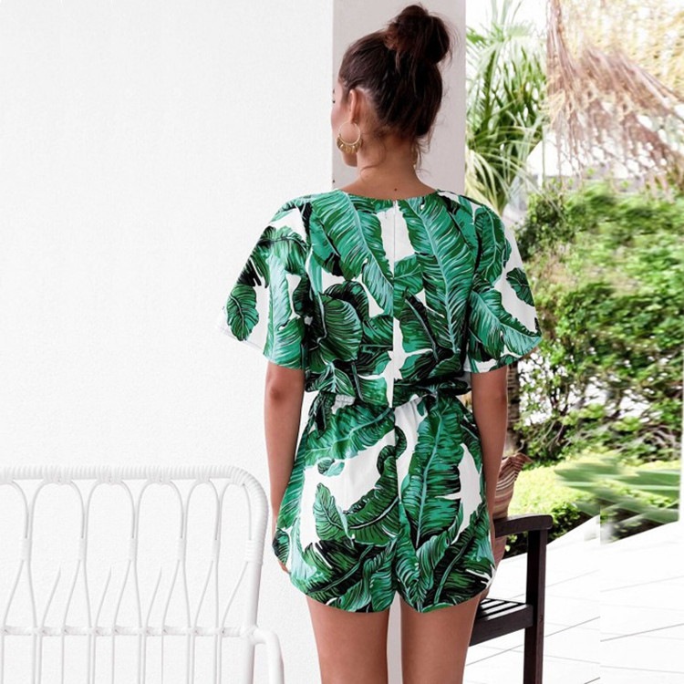 White and Green Print Wrapped Rompers