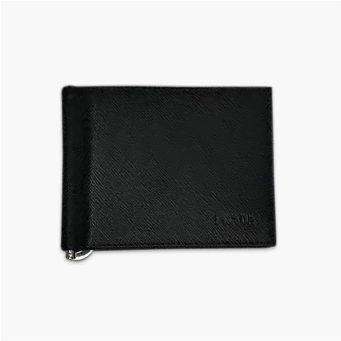 【原版皮】普拉达/Prada 金属钱夹，选用十字纹小牛皮裁制而成，正面点缀有品牌热压花徽标，款号：2MN077